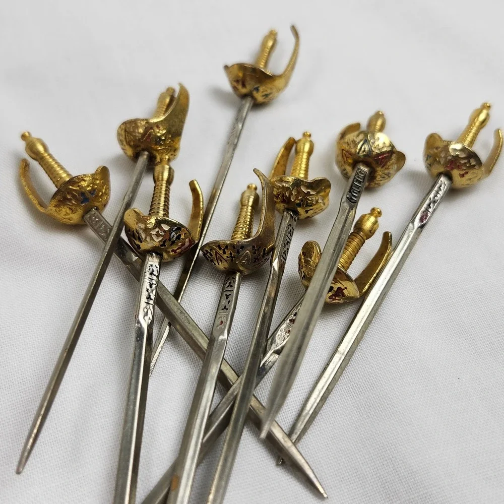 VTG Toledo Spain Cocktail Sword Set Olive Picks Flamenco Dancers Damascene